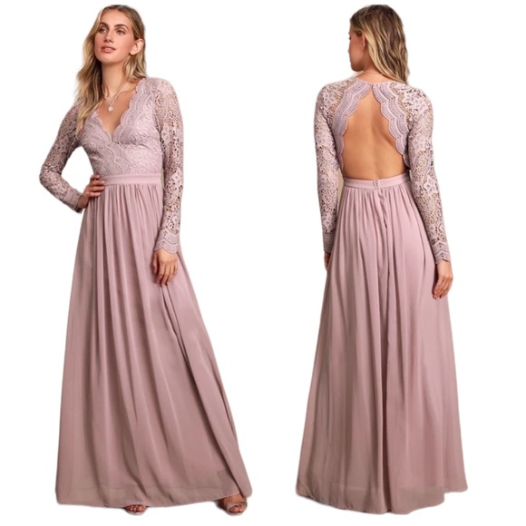 SOLD RARE Lulus Awaken My Love Dusty Lavender Long Sleeve Lace Maxi Dress - Picture 3 of 16